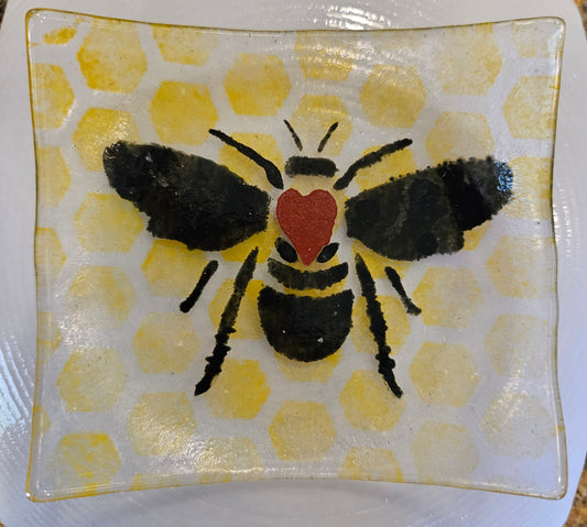 Med glass dish with red heart honeybee